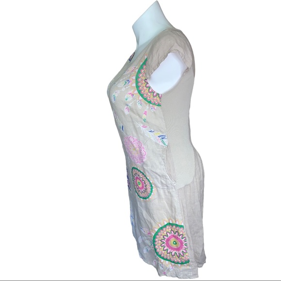 Made in Italy Linen Dress Tan Boho Print Cap Sleeve Pocket Tunic M/L - Picture 10 of 16